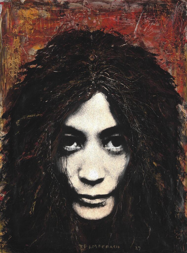 Kurt Trampedach: "Yoko Ono". Signed Trampedach 83. Acrylic on silkscreen/paper laid down on canvas. 160 x 120 cm