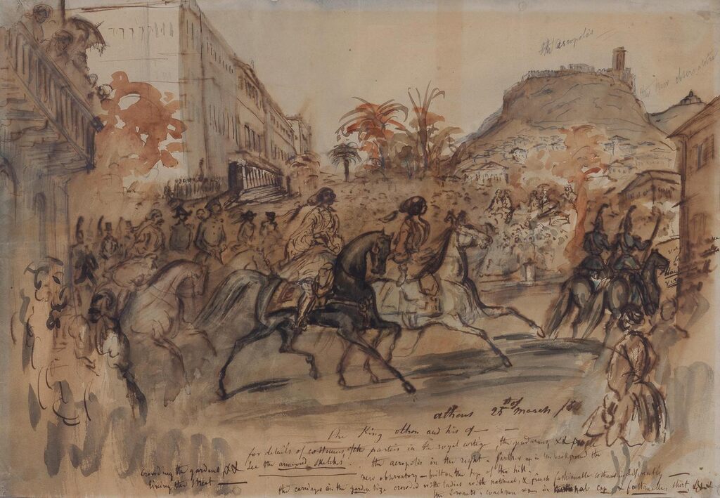Otho, King of Greece, with his queen and suite at Athens, passing base of the Acropolis