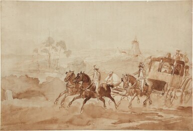 Three drawings: A) A coach travelling through the countryside B) A street scene in Spain C) The races