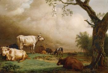 Cattle in a field, with travellers in a wagon on a track beyond, rain storm approaching