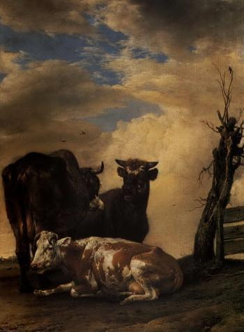 Two cows and a bull in a meadow