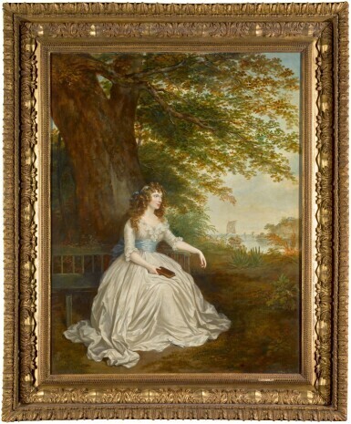 Portrait of Emily Shakespear, full-length, sitting on a bench under a tree by the Hooghly river in India, holding a book