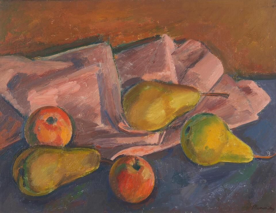 Pears and Apples on a Pink Cloth