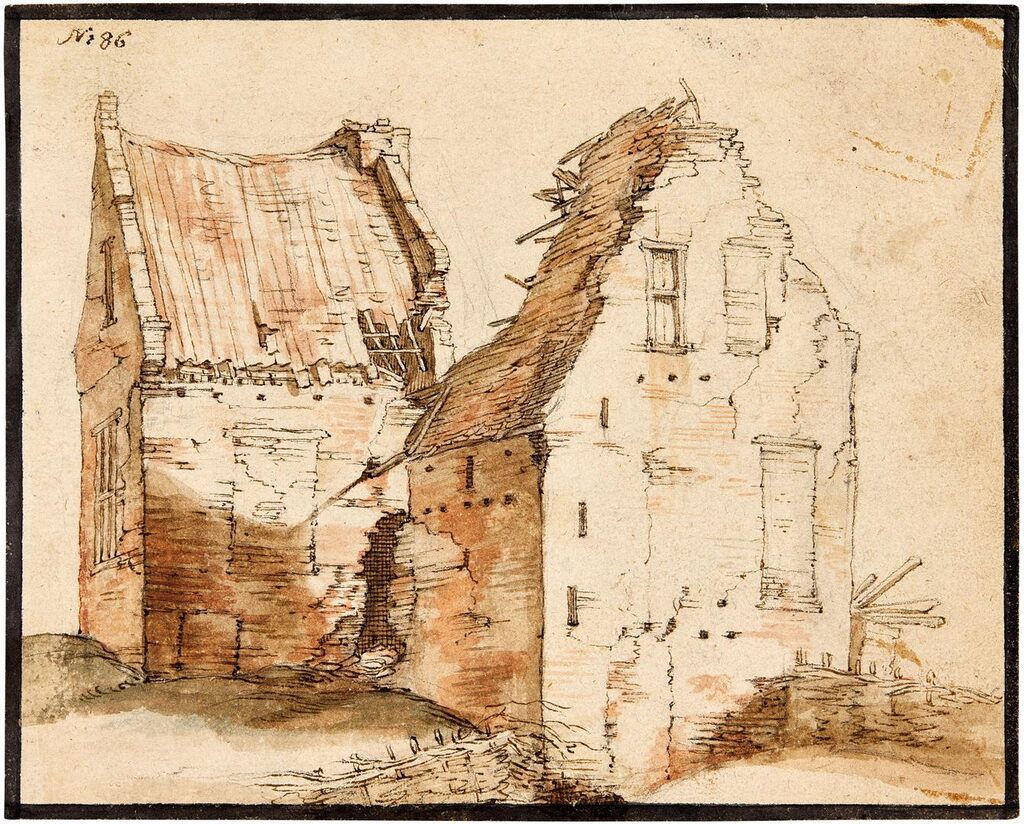 Recto: Two ramshackle houses; Verso: Trees by an earthy bank and fence