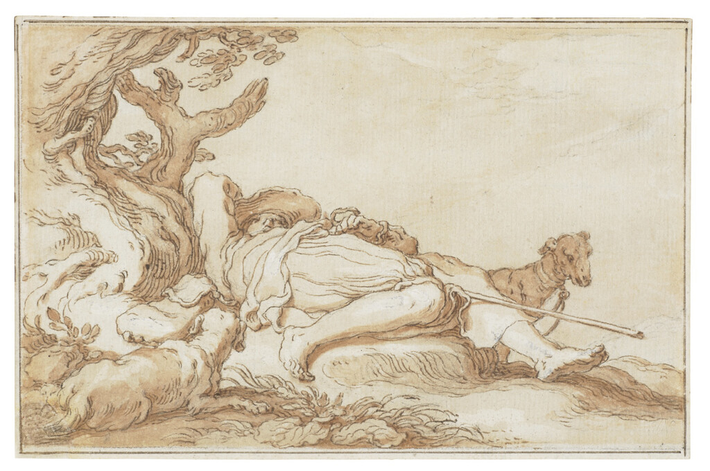 A sportsman resting under a tree with two dogs