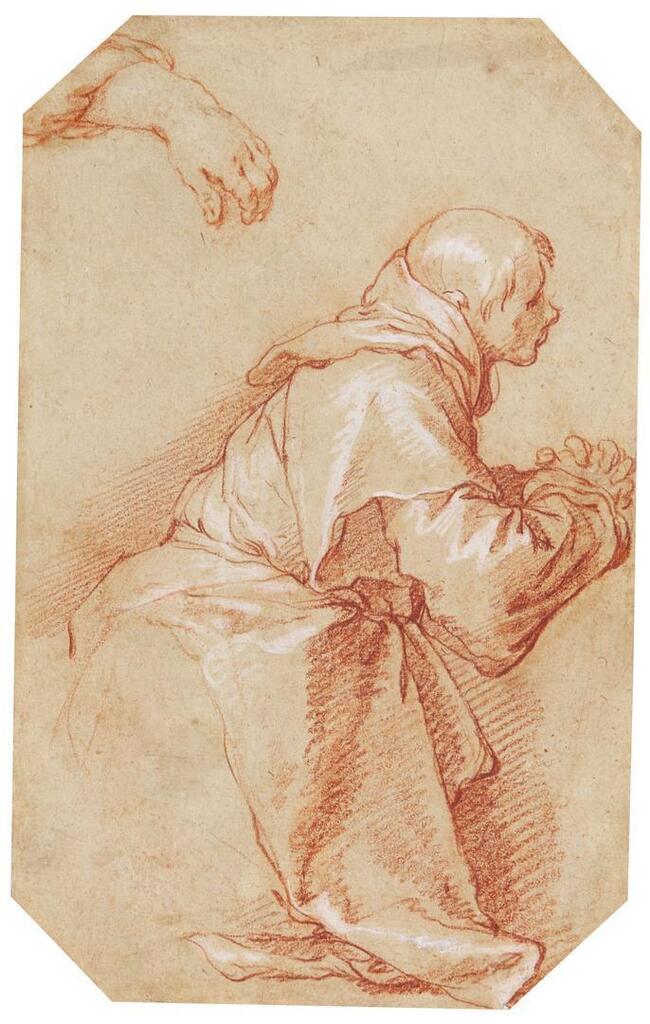 Recto: A praying, kneeling monk and study of a hand; Verso: Studies of legs