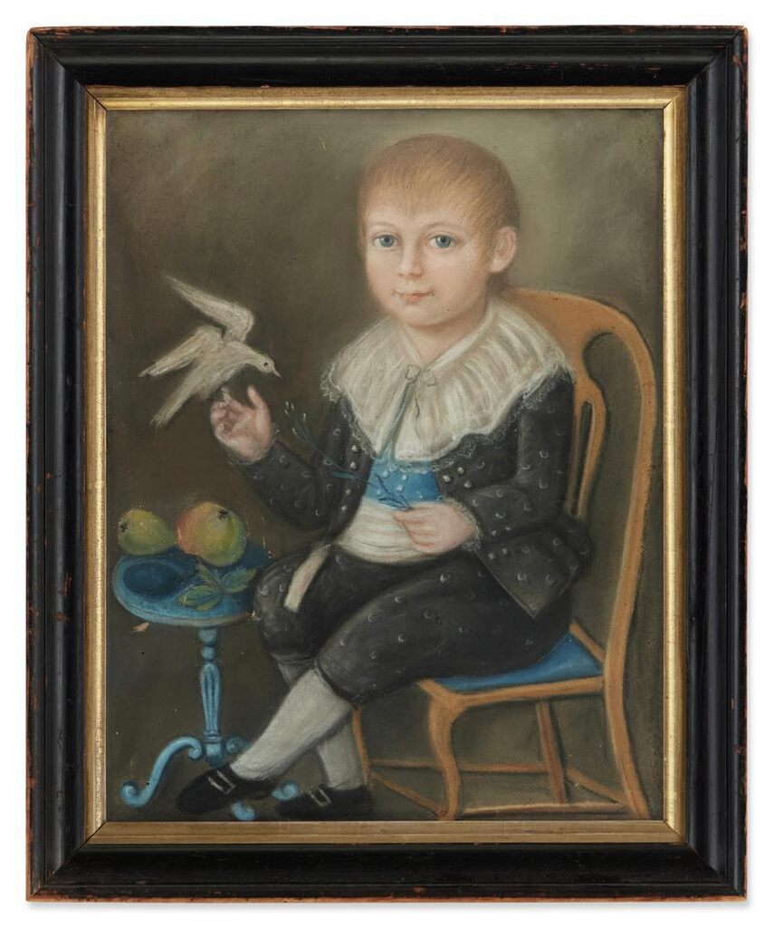 A Young Boy Sitting on an American Queen Anne Side Chair Holding a Dove and Pussy Willow
