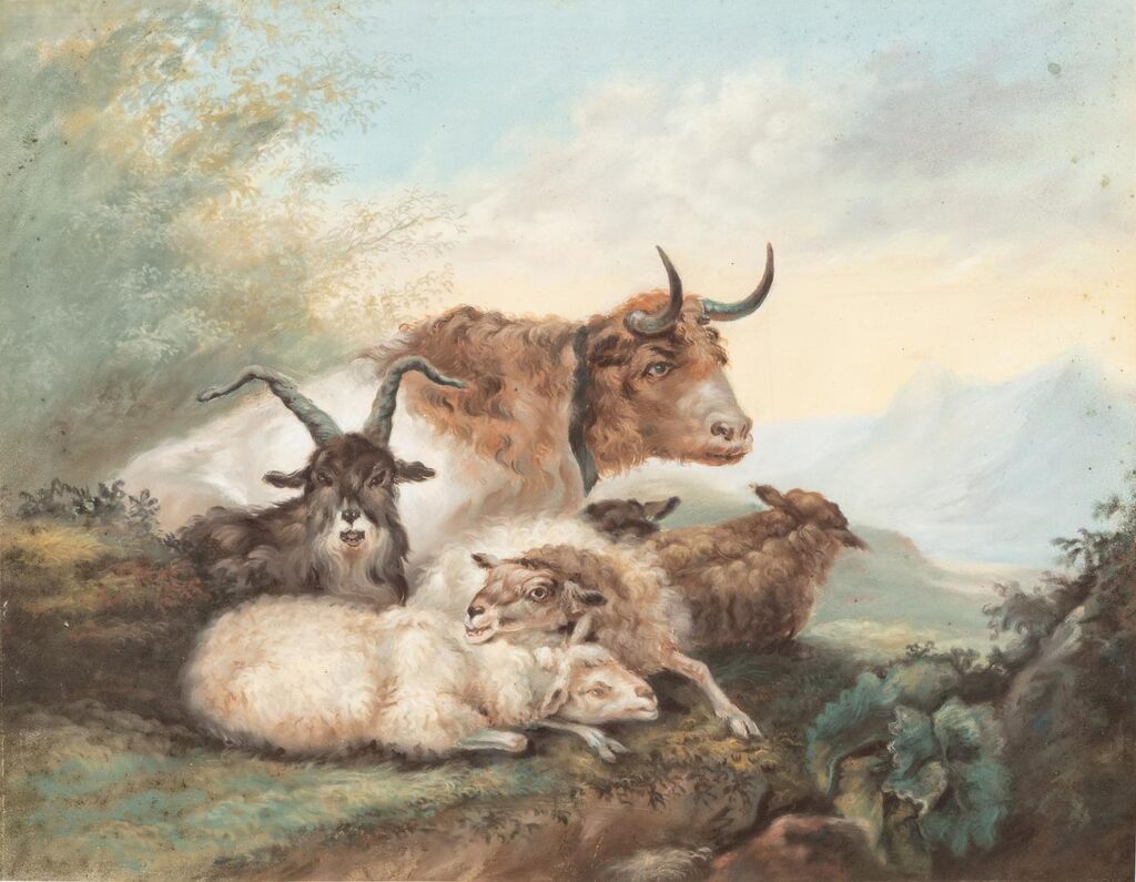 Animals in a landscape near a ruin