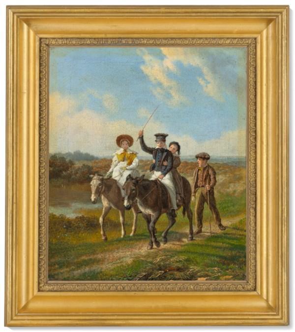 Children riding donkeys on a country road
