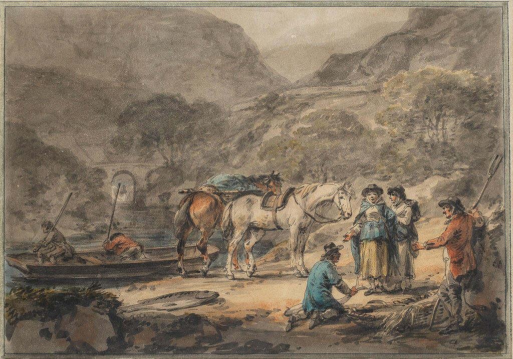 The Salmon fishery at Pont Aberglaslyn; and Milkmaids bathing in a river (2)