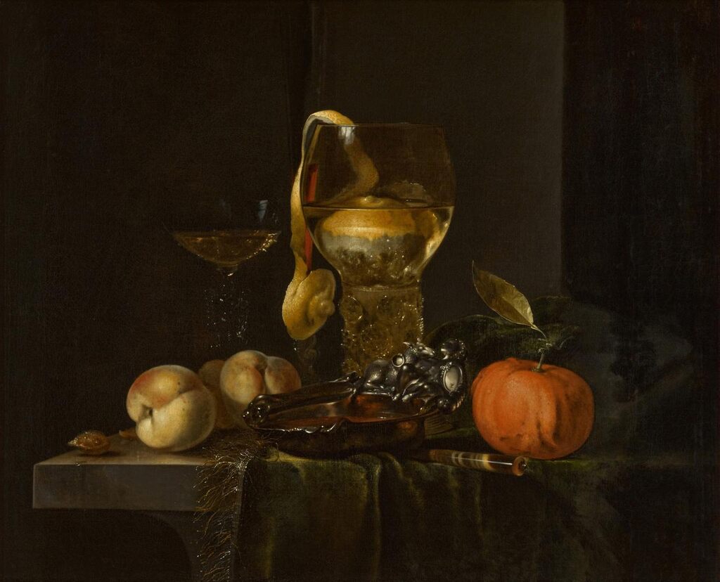 Still Life with Fruit, a Silver Bowl, and a Peeled Lemon in a Roemer, on a Stone Tabletop Draped with Green Velvet