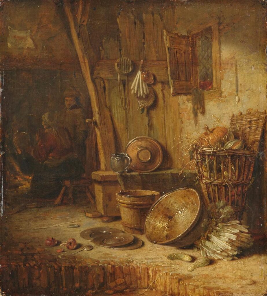 Thatched Cottage Interior with a Man and a Woman in Front of a Fireplace