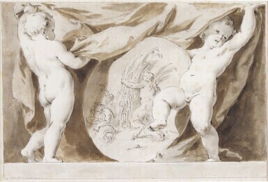 A decorative design with two putti holding back a curtain to reveal a large sculpted oval with a satyr and a river god