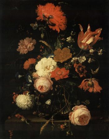 Still life of roses, poppies and other flowers, blackberries and redcurrants and insects