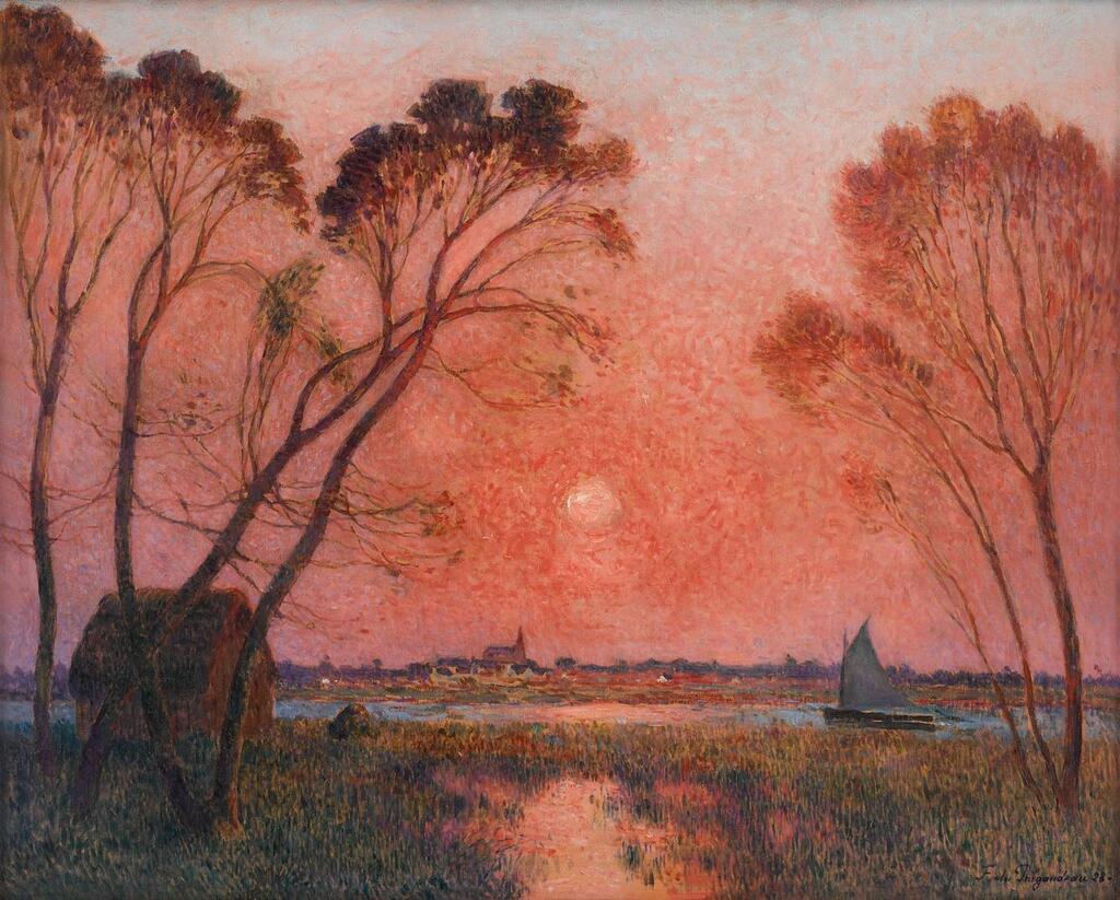 Barque sur la Brière au crépuscule