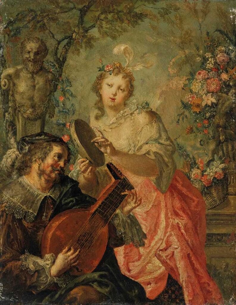 Elegant Men Playing Music Before a Herm of Pan