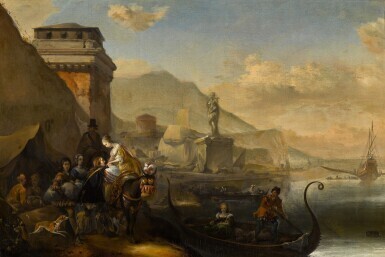 An Italianate harbour scene with elegant figures