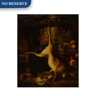 Still life of a hare, a turkey, and game birds with fruit and flowers, beside a large urn in a landscape