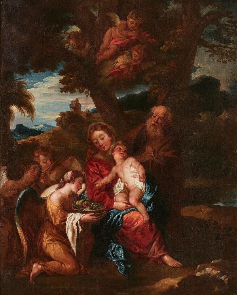 The Holy Family during the flight into Egypt served by the angels