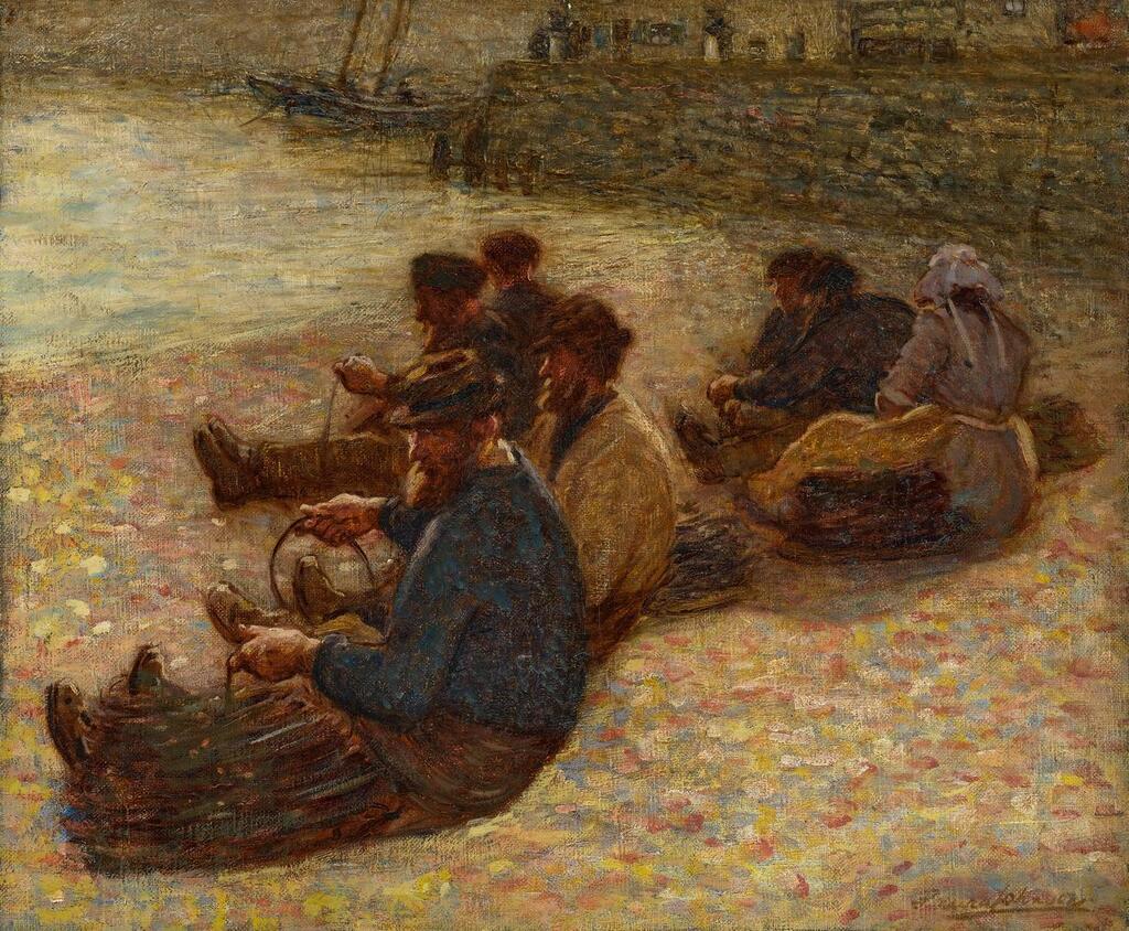 Fisherfolk baiting lines on the cobbles, Staithes