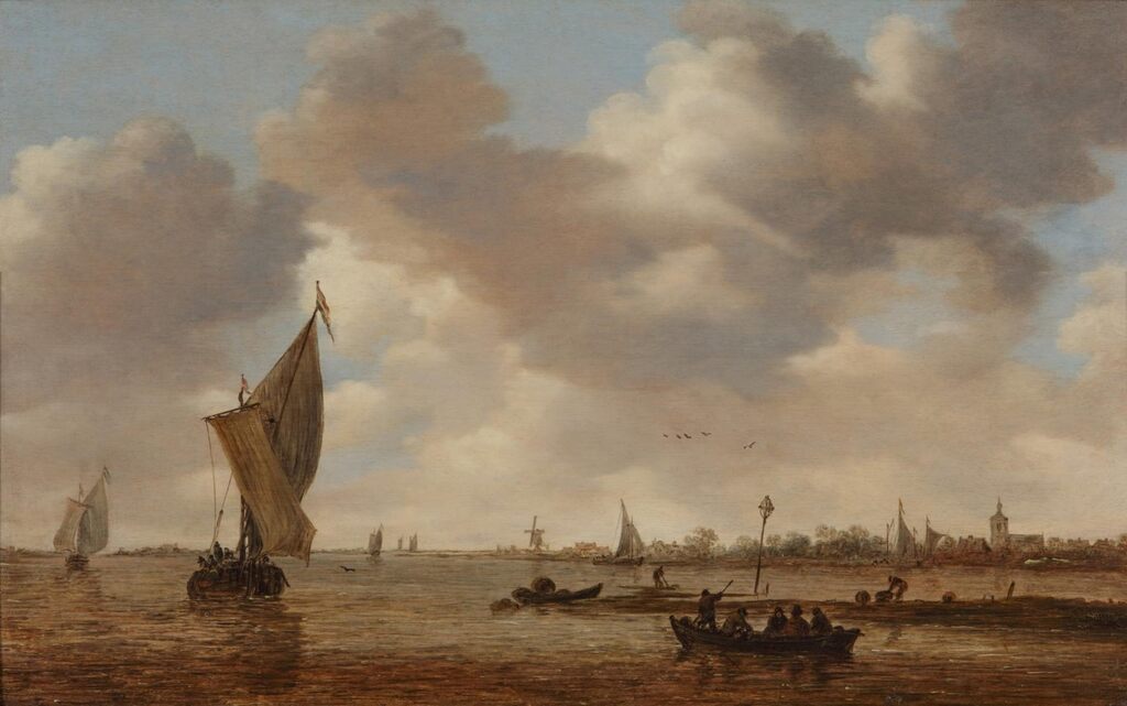 River landscape with small sailing and rowing vessels