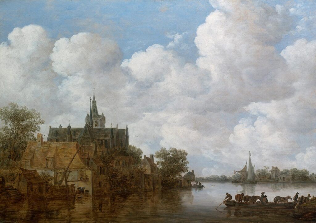 River landscape with a ferry and a church