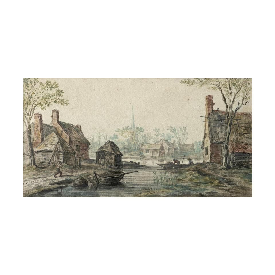 Paysage de printemps: un canal dans un village avec deux hommes dans une barque, un clocher d'église à l'arrière-plan