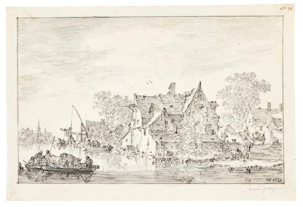 River landscape with figures and cows in a ferryboat, approaching a village