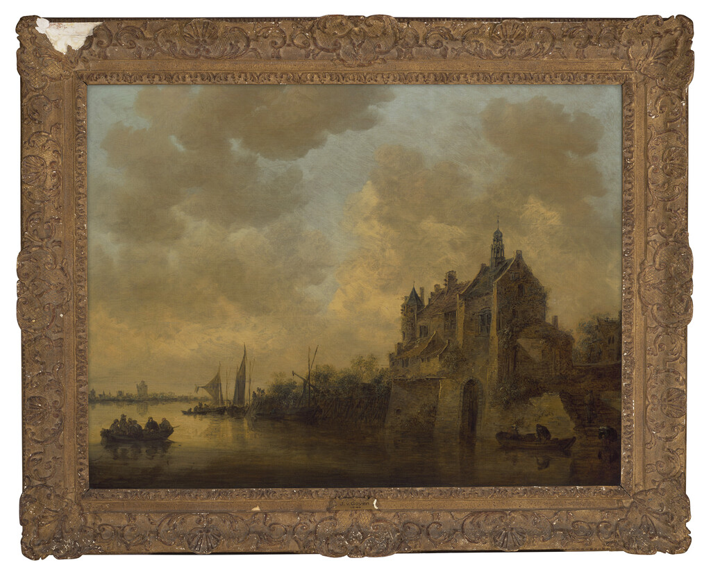 A river landscape with a manor house, rowing boats and other vessels