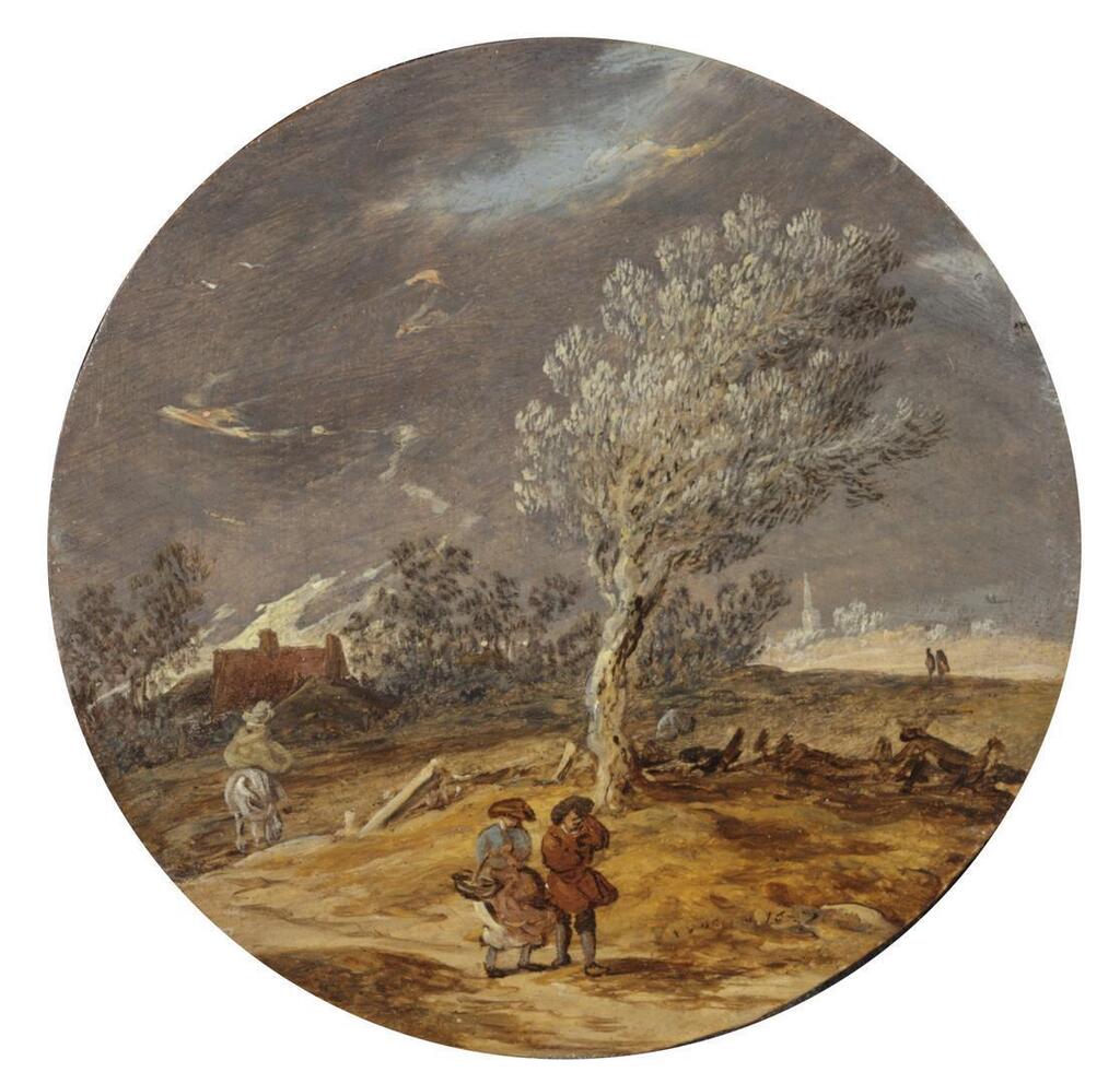 A dune landscape with travellers on a path in a thunder storm, a tondo