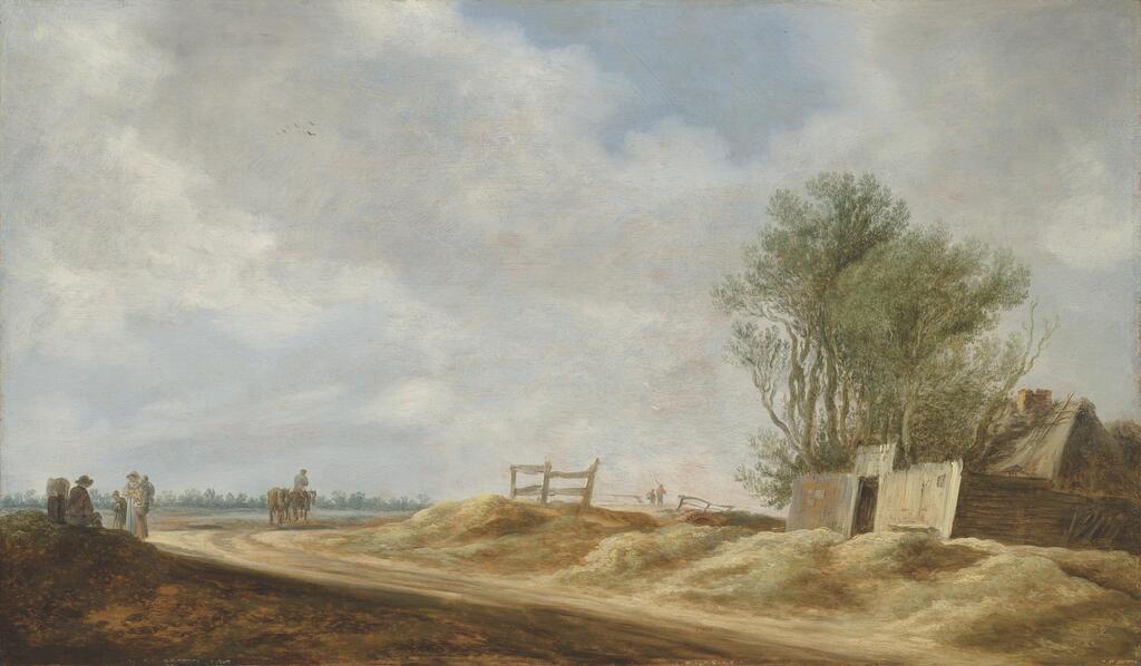An extensive landscape with a cottage and travellers on an open road