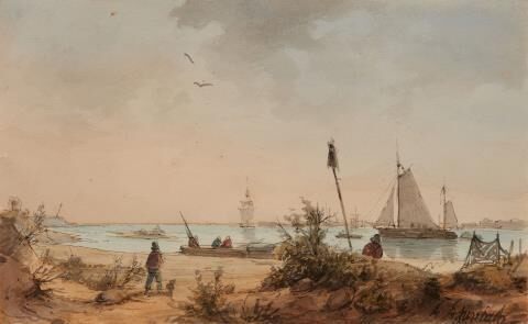 Coastal Landscape with Fishermen and Sailing Ships in the Distance