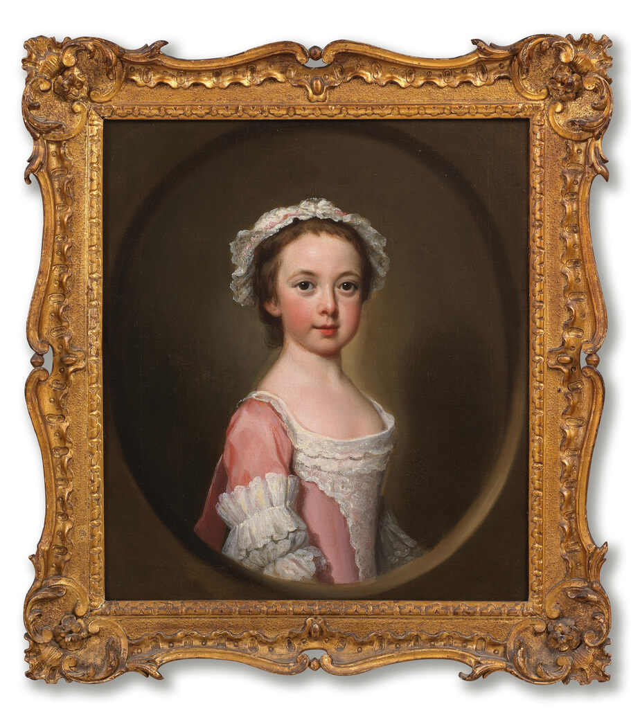 Portrait of a girl, half-length, in a pink and white dress, within a painted oval; and Portrait of a boy, half-length, in a buff coat, within a painted oval (2)