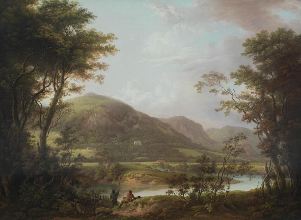 A View of the Alva Estate, Tillicoultry, with two anglers on the Devon