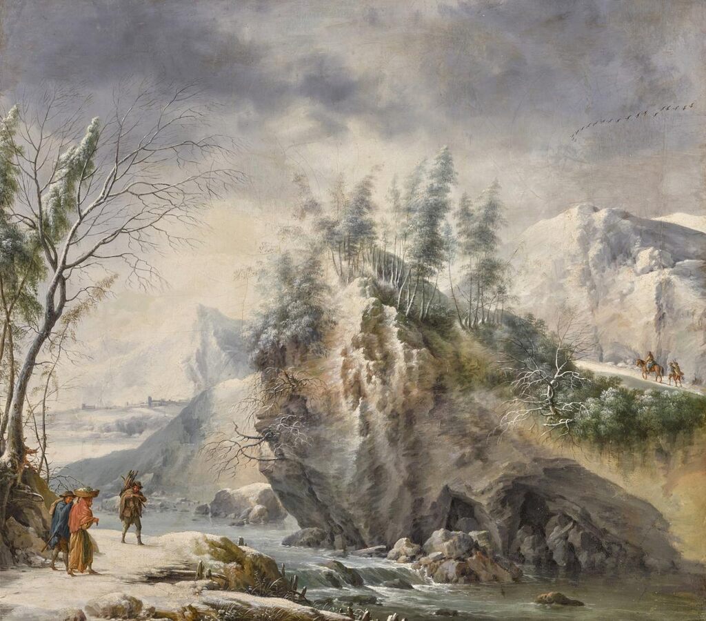 A mountainous winter landscape with travellers beside a river