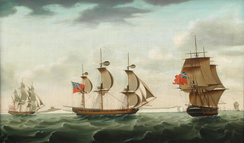 A 40-gun frigate of the Royal Navy, in three positions, off Dover