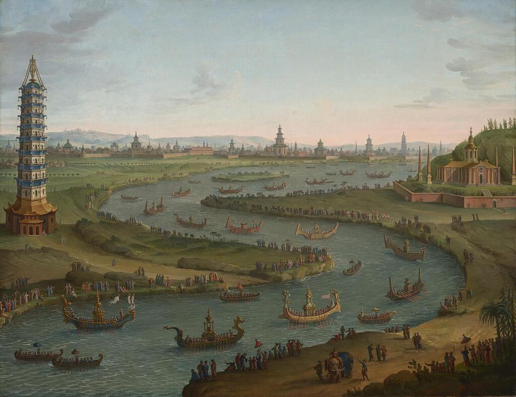 A capriccio with the French Ambassador approaching the King of Siam’s Palace in a state barge, in October 1685, featuring the White Porcelain Pagoda, from Nanjing, China, on the left