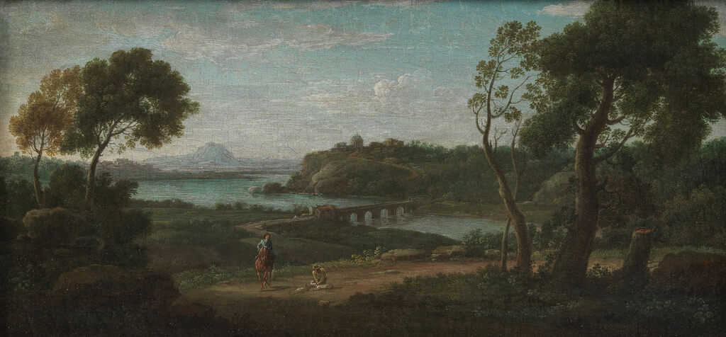 An extensive river landscape with travellers on a country path