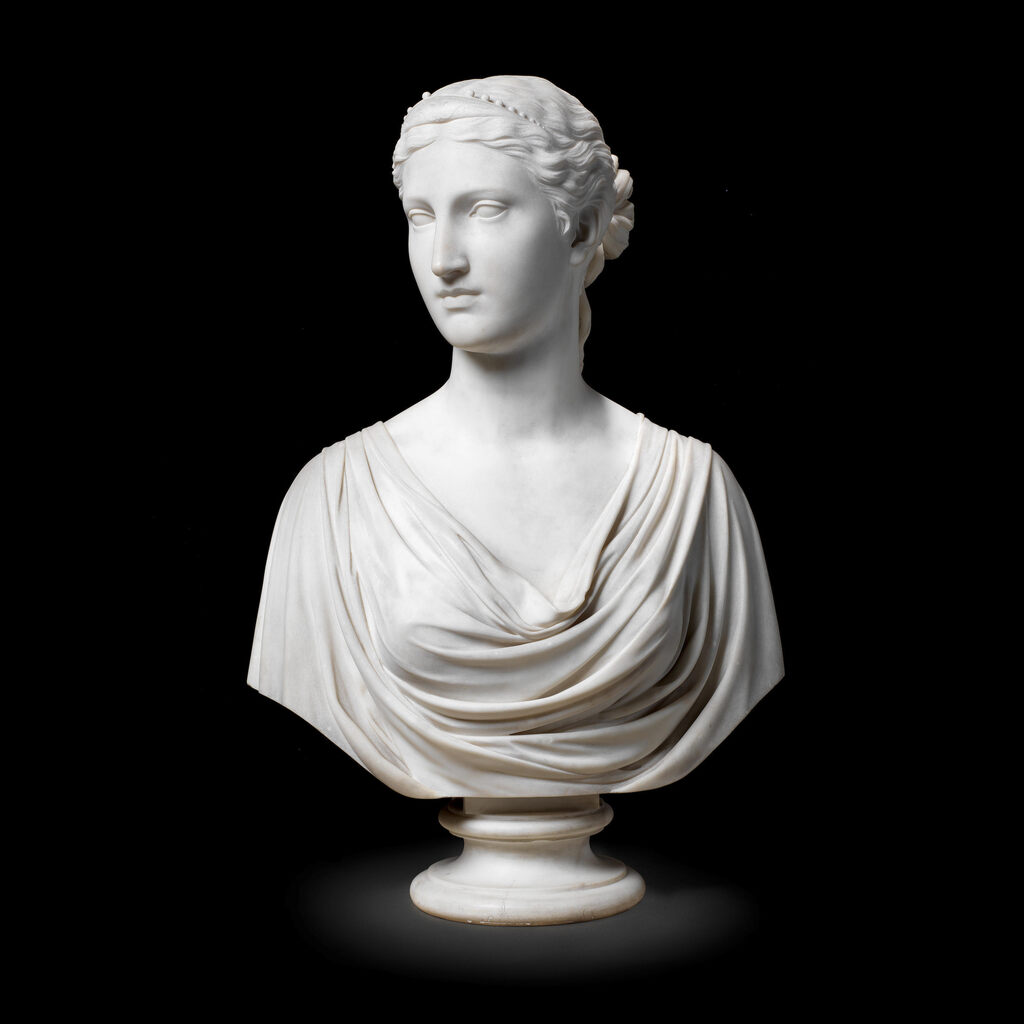 Hiram Powers (American, 1805-1872): A very rare and early carved white marble ideal portrait bust of Ginevra, (first version)
