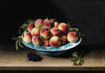 Nature Morte Aux Pêches Dans Une Coupe De Porcelaine Bleu Blanc Ming Sur Un Entablement