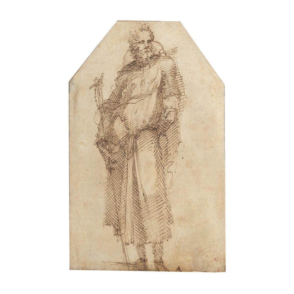 Un saint debout tenant une croix en tau à laquelle est attachée un rosaire (recto);