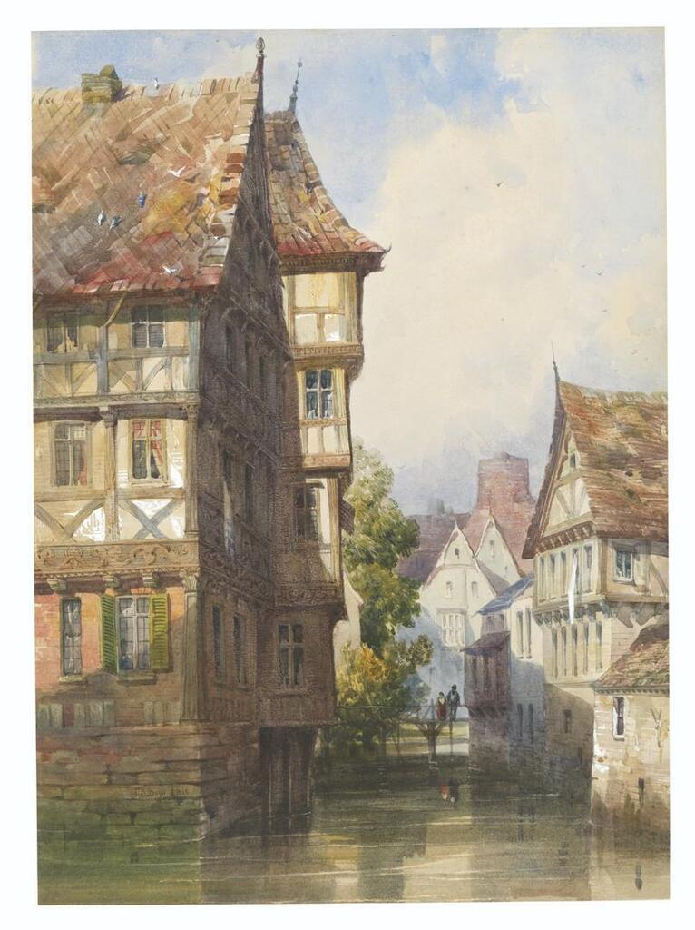 Figures on a bridge over a canal, Braunschweig, Germany