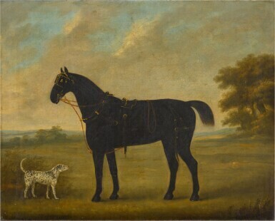 A carriage horse with a dalmatian in a landscape