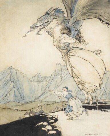 Original illustration for The Allies' Fairy Book (The dragon flew out and caught the queen)