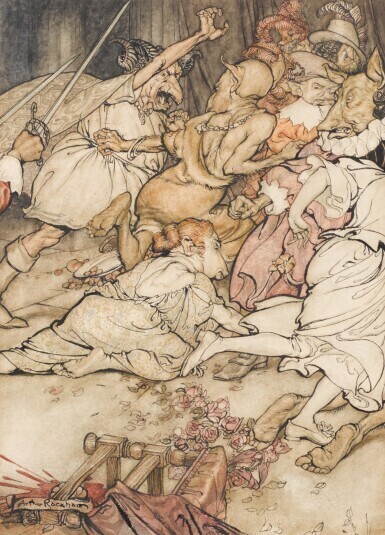 Original illustration for Comus (The brothers rush in with swords drawn)