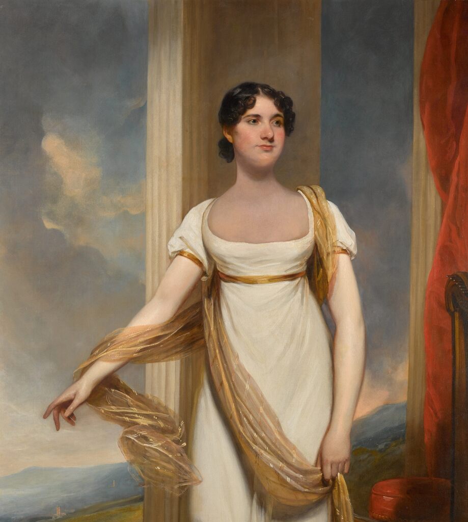 Portrait of a lady, three-quarter-length, in a white dress with a gold shawl, a landscape in the distance