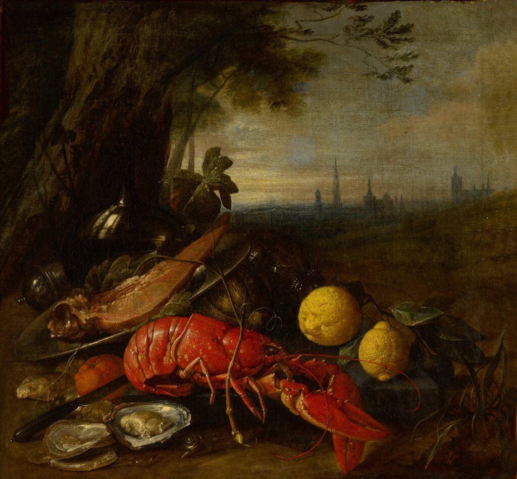 Still life of a lobster, oysters and lemons beneath a tree, with a view of Brussels beyond