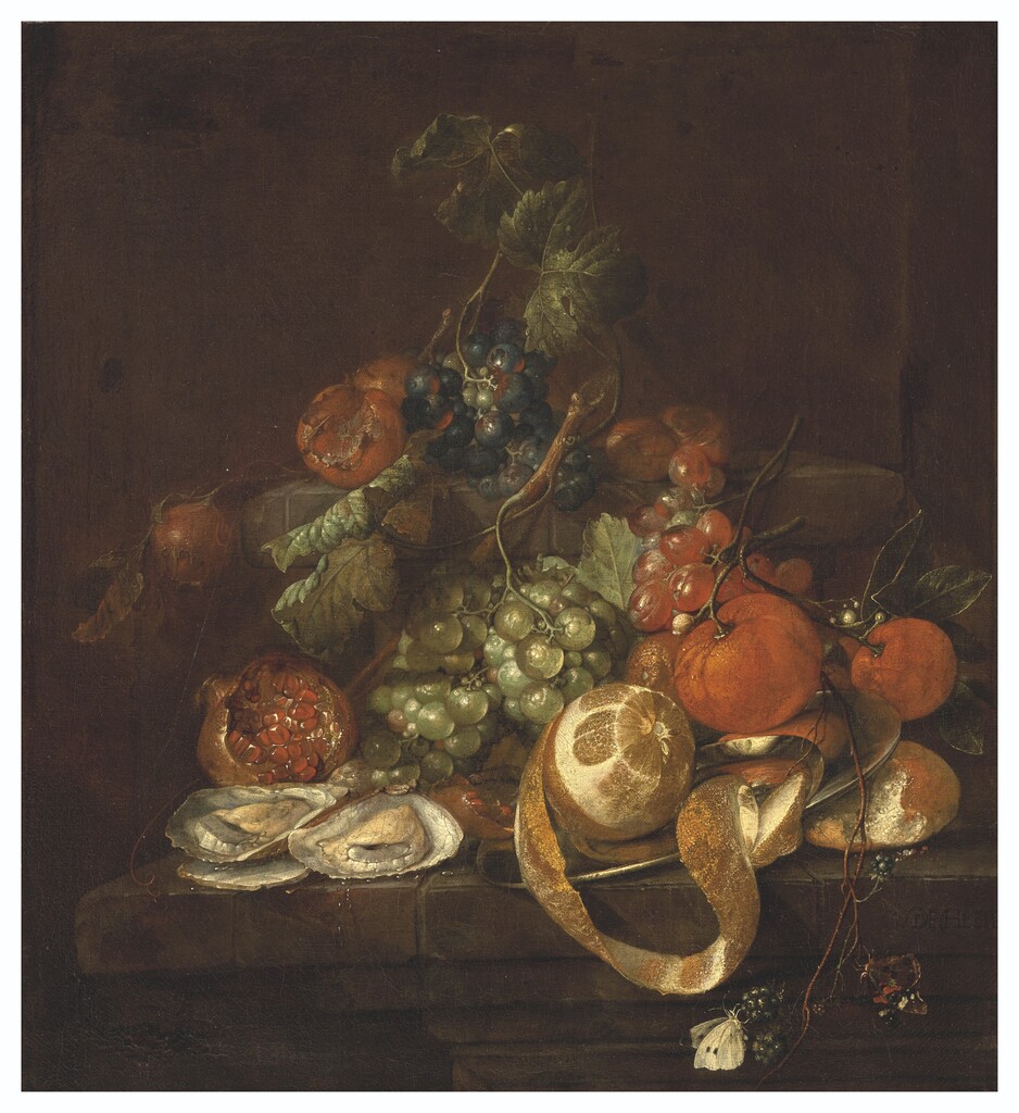 Nature morte aux citrons, huitres, raisins et papillons sur un entablement