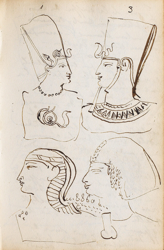 A book of sketches, mainly after Egyptian objects, bass reliefs and paintings, many inscribed with colour notes, some inscribed in French