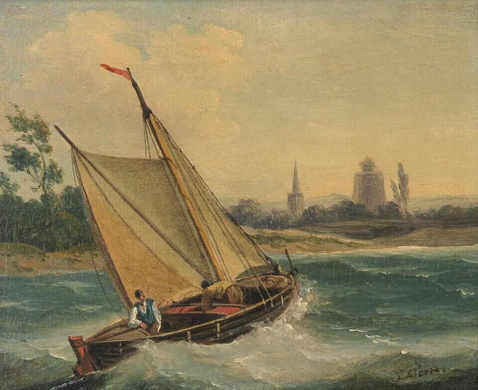 Barge foaming along just off shore; Barges on a still river in evening light